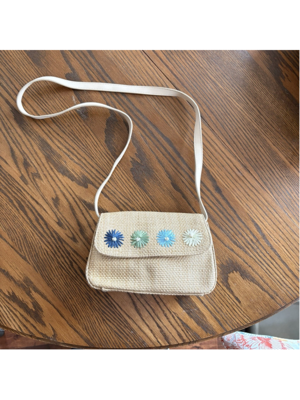 Etienne Aigner Woven Straw Small Crossbody Purse With Embroidered Flowers